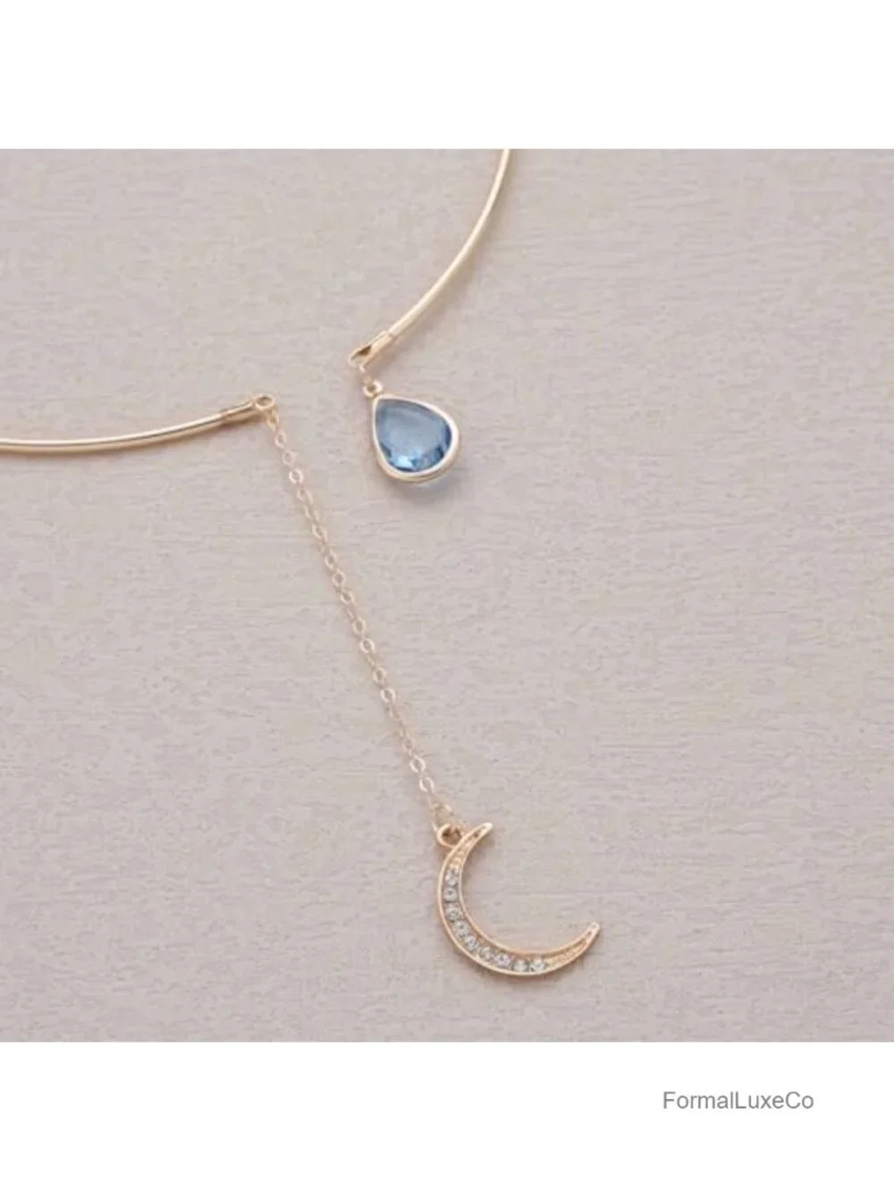 Boho Gold Open Collar Necklace Crystal Moon Pendant Choker Alloy Jewelry